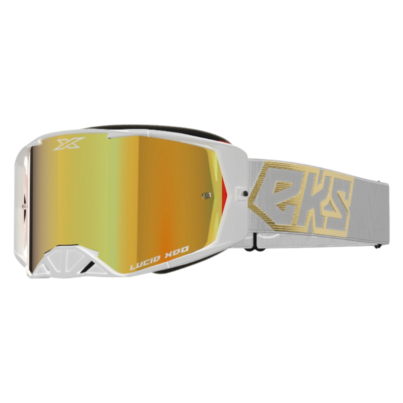 front view of EKS Brand Lucid Goggle White Gold - Gold Mirror Lens
