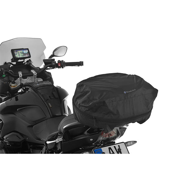 Elephant COMBI Seat + Rack Bag Rain Cover, black, fitted over rear motorcycle rack with Wunderlich logo visible, side view.