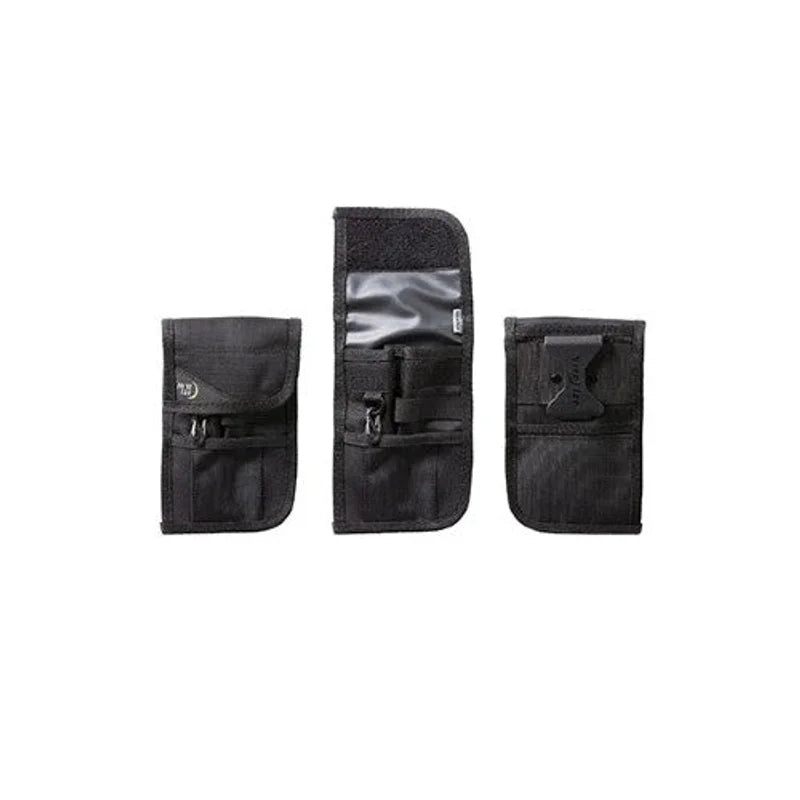 Clip Pock-Its XL Utility Holsters, three black nylon holsters with flap closures, clear window pocket, and plastic clips, shown side by side on white background.
