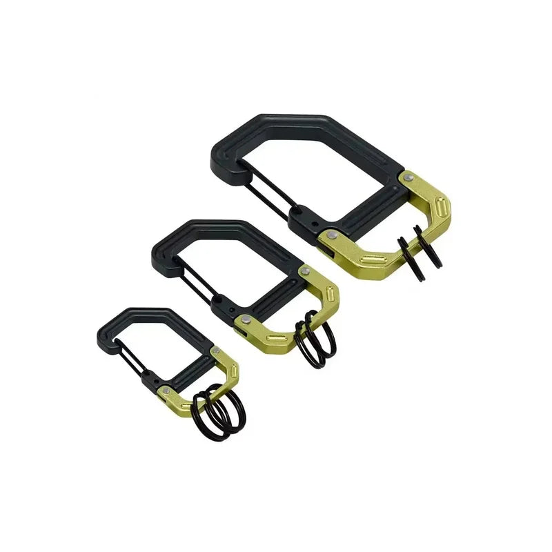 Apex Carabiner 3-Pack, black and gold angular carabiners with black split rings, three sizes arranged diagonally on white background.