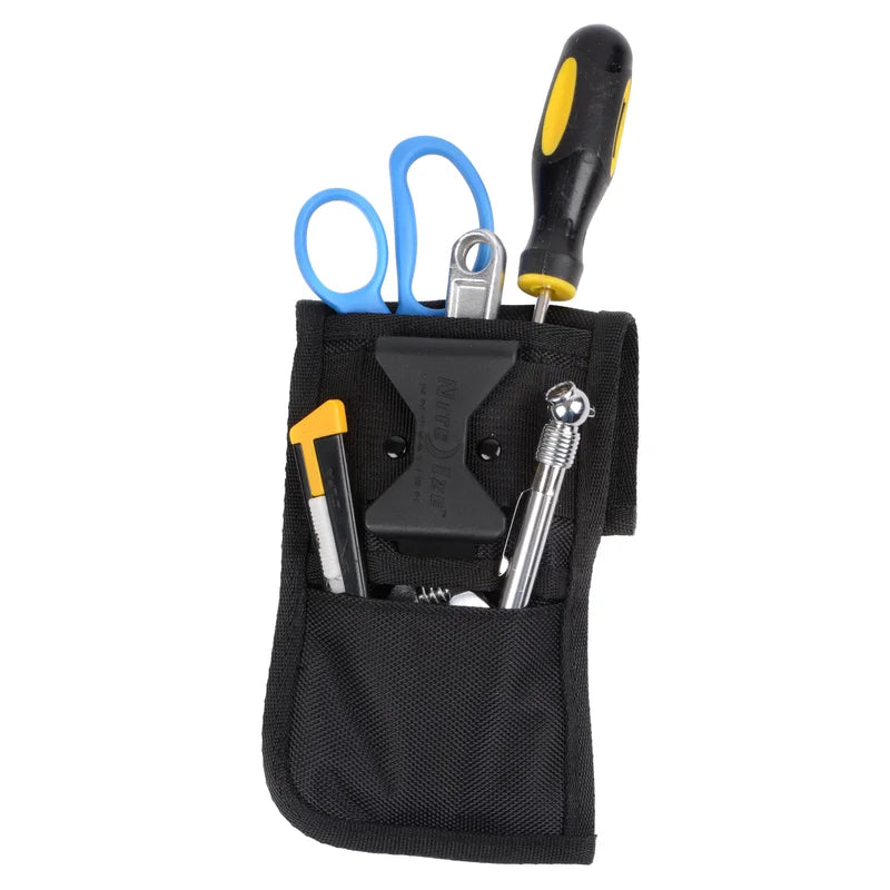 Holsters Clip Pocket-its XL Utility black nylon multi-pocket holster filled with blue-handled scissors, black and yellow screwdriver, silver metal tool, and CLIP POCK-ITS branded plastic insert.