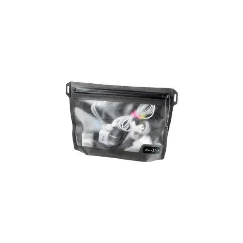 Nite Ize Waterproof Pouch black with clear front window and zipper closure, side loops, white cables visible inside.