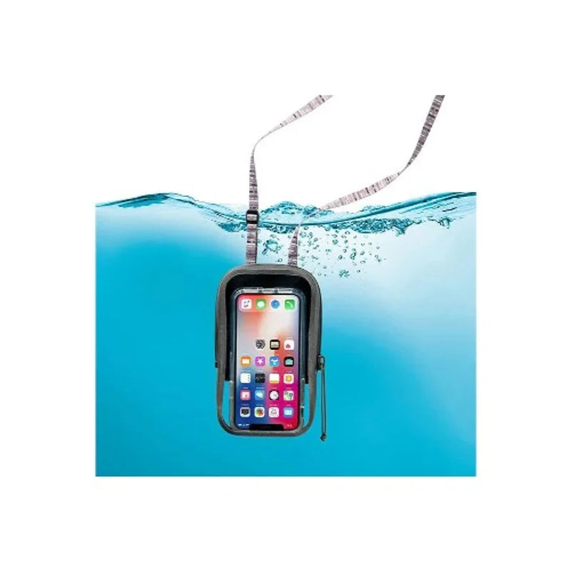 WATERPROOF PHONE CASE black case with smartphone inside submerged in blue water, showing full phone home screen and attached lanyard strap