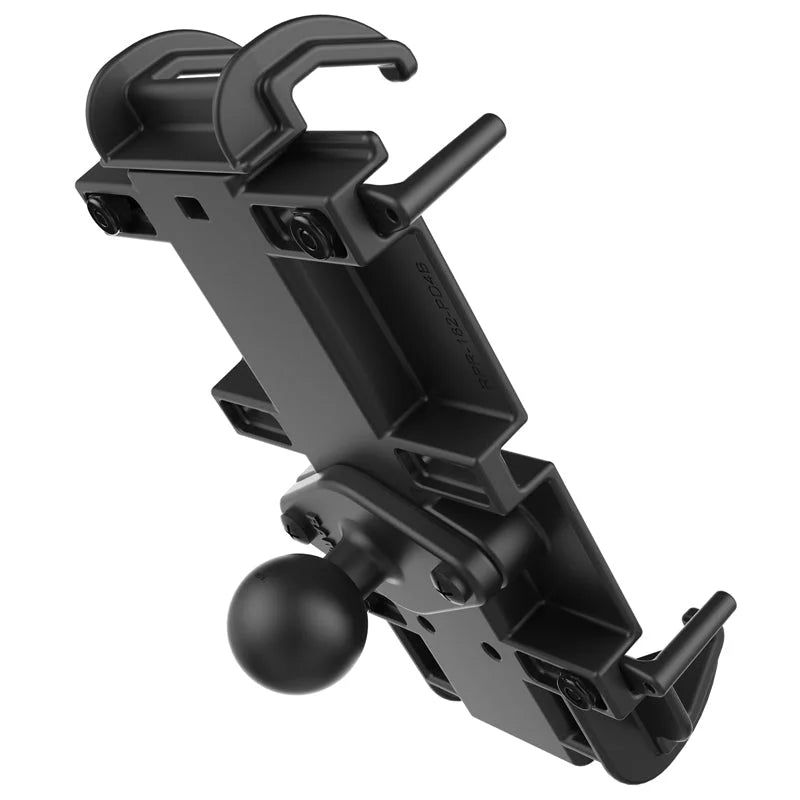 RAM HOL Quick-Grip black composite device holder with lower ball mount and dual articulating grip jaws, patented text on side, angled view for 127mm 5 inch devices