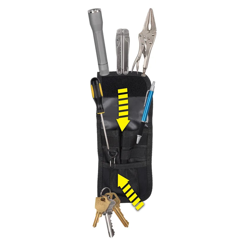 CLIP POCK-ITS XL UTILITY black tool holster with yellow directional arrows, loaded with flashlight, pliers, screwdriver, blue pen, and keys on attached ring