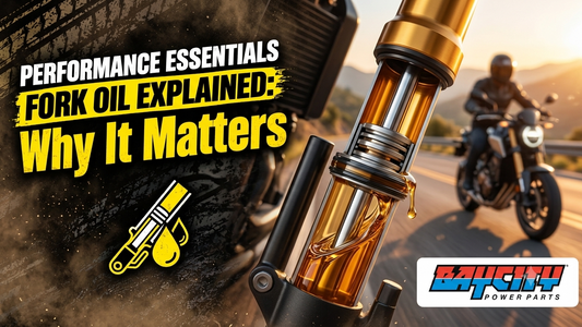 Blog header for Baycity Power Parts titled "Performance Essentials: Fork Oil Explained: Why It Matters", featuring a cross-section view of a motorcycle fork showing the internal golden oil, with a rider in the background.
