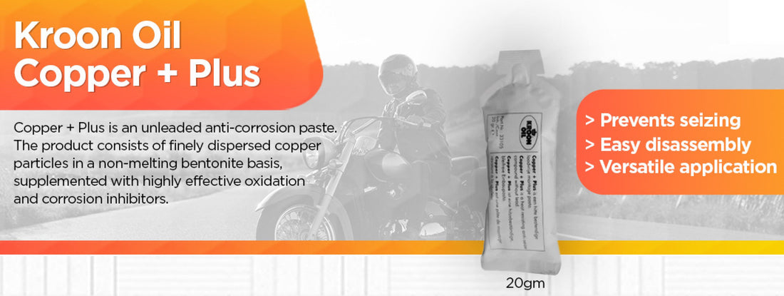 Kroon Oil Copper + Plus anti-corrosion paste for motorcycles providing protection against rust, heat, moisture, and oxidation up to 1100°C.