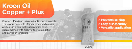 Kroon Oil Copper + Plus anti-corrosion paste for motorcycles providing protection against rust, heat, moisture, and oxidation up to 1100°C.