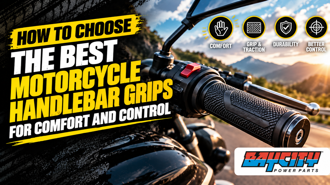 Motorcycle handlebar grips guide highlighting comfort, grip and traction, durability, and better control, with the BayCity Power Parts logo.