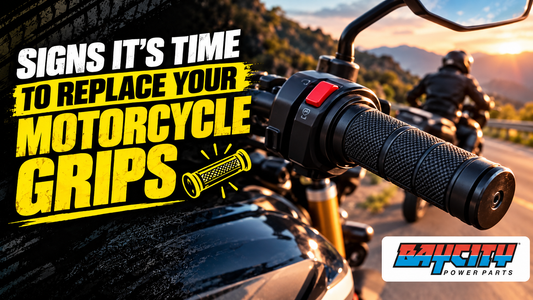 Signs it’s time to replace your motorcycle grips, featuring a worn-grip illustration, motorcycle handlebar, and BayCity Power Parts logo.