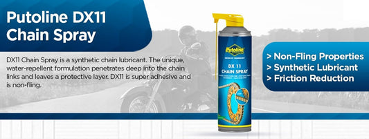 Putoline DX11 Chain Spray 500ml motorcycle chain lubricant providing long-lasting protection against wear, rust, water, and dirt for smoother performance.