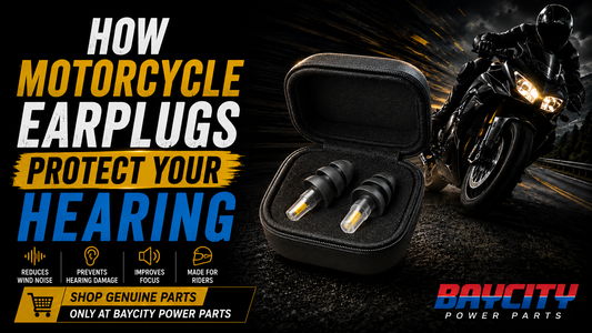 How motorcycle earplugs protect your hearing, featuring riding earplugs, a motorcycle rider, and BayCity Power Parts branding.