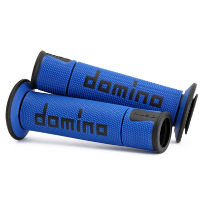 Domino A450 Blue Black premium motorcycle handlebar grips for improved comfort and rider control.