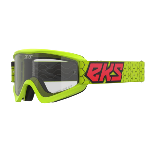 front view of EKS Brand GOX Flat-Out Clear Goggle - Flo Yellow/Black/Fire Red