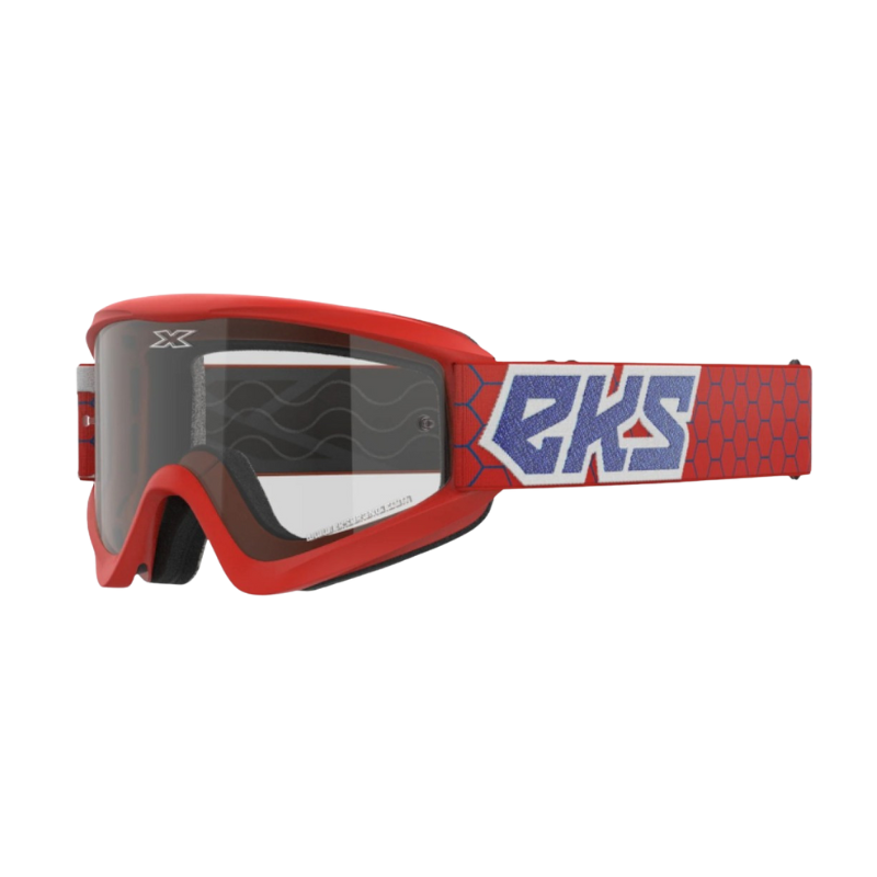 front view of EKS Brand GOX Flat-Out Clear Goggle - Red/White/Blue Metallic