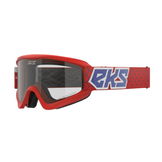 front view of EKS Brand GOX Flat-Out Clear Goggle - Red/White/Blue Metallic