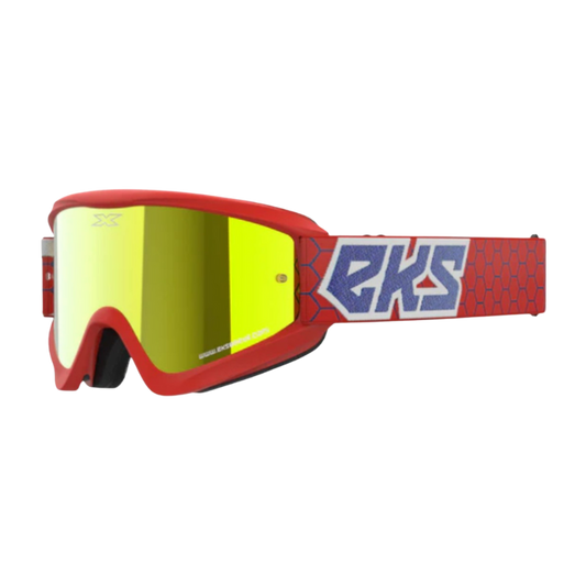 front view of EKS Brand GOX Flat-Out Mirror Goggle - Red/White/Blue Metallic/Gold Mirror Lens
