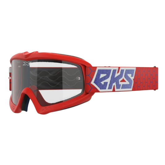 front view of EKS Brand XGROM Clear Youth Goggle -Red/White/Metallic Blue