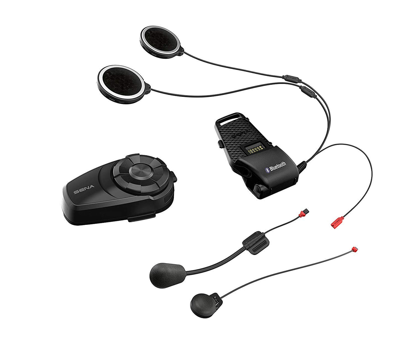 Sena 10S communication system accessories including speakers, microphone, and mounting hardware