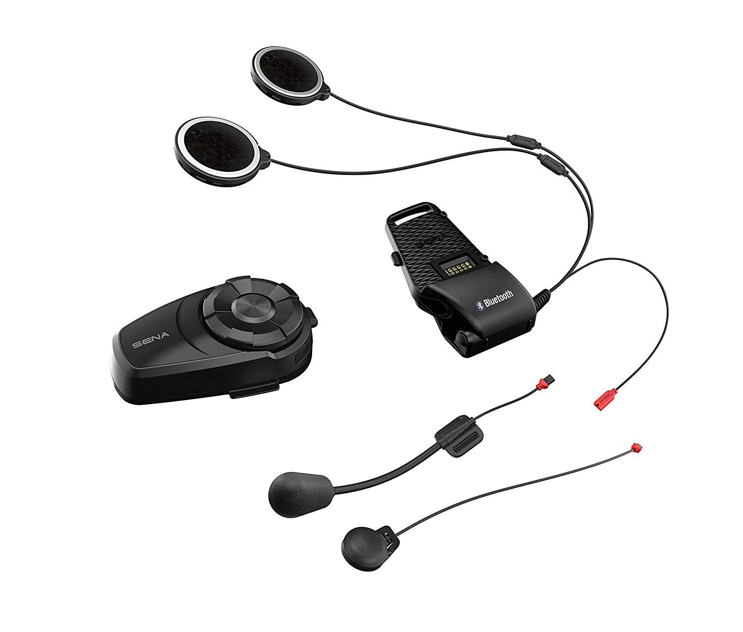 Sena 10S communication system accessories including speakers, microphone, and mounting hardware