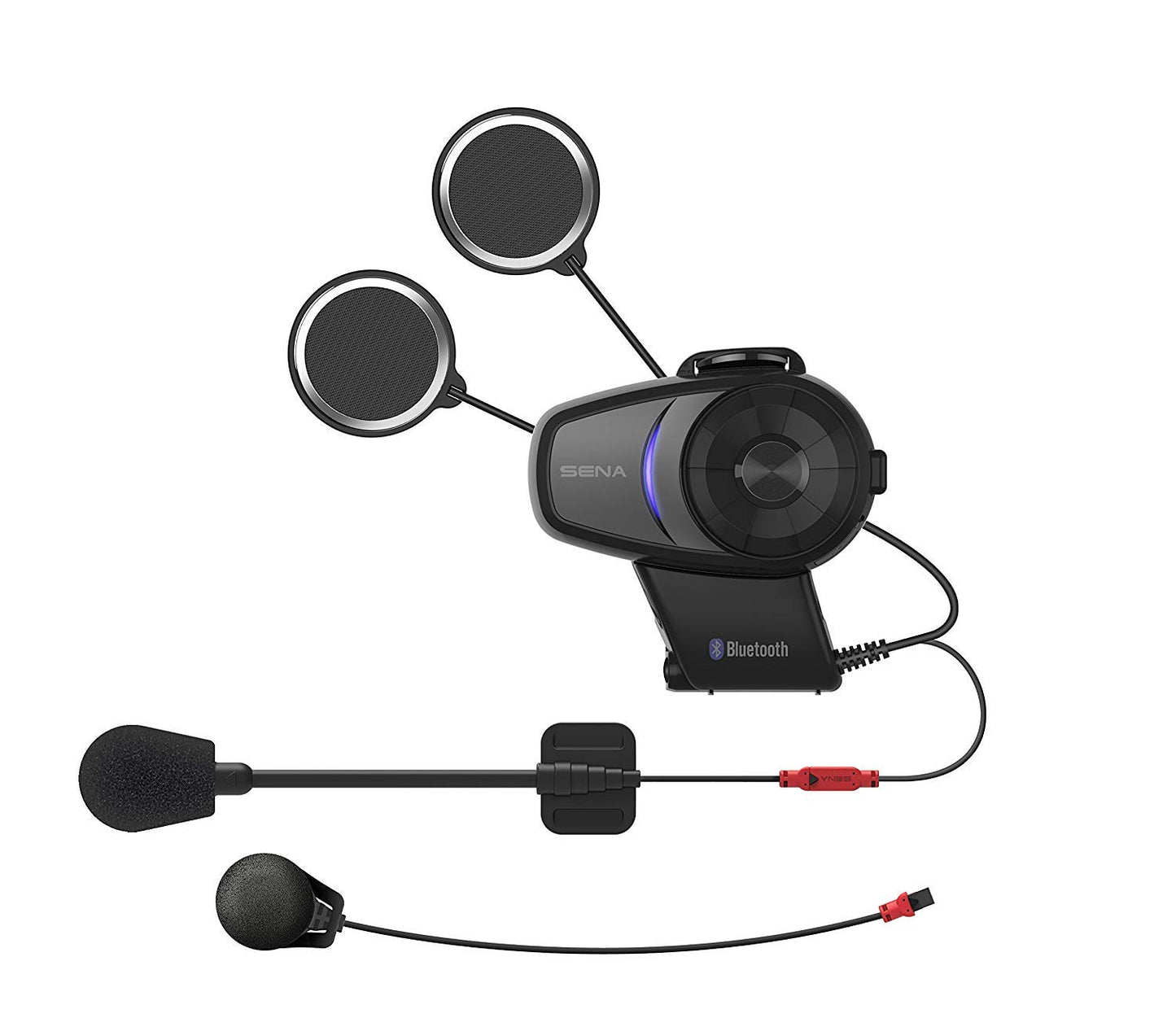 Sena 10S intercom system installed on motorcycle helmet with speakers and boom microphone