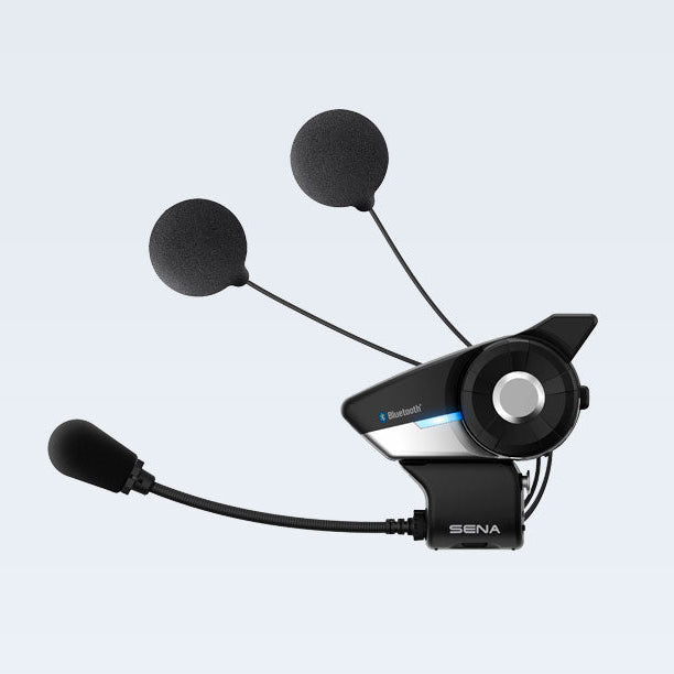 Two Sena 20S EVO communication devices mounted on helmets for rider connectivity