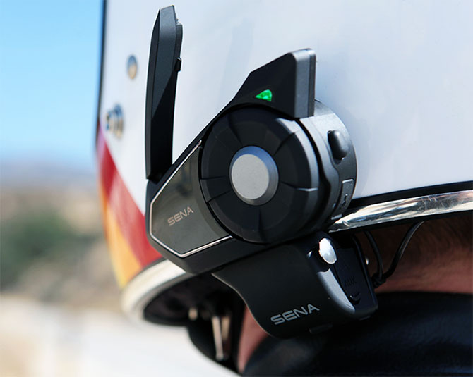 Sena 30K mounted on motorcycle helmet for group communication