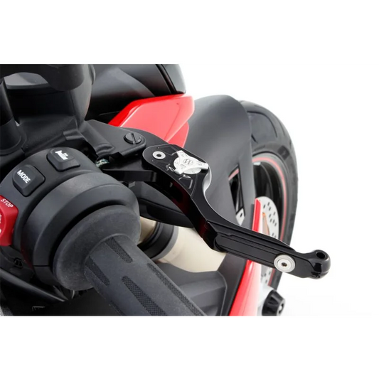 BMW F-Series Ergonomics Brake Lever Variolever in black, shown mounted on the left handlebar with silver adjustment dial, red STOP switch and MODE button visible.