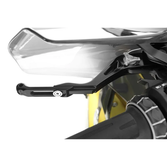 BMW Ergonomics VARIOLEVER Clutch Lever in black finish, mounted on handlebar with clear plastic hand guard, visible silver adjustment dial and elongated slotted lever blade.