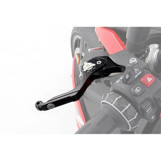 BMW Ergonomics VARIOLEVER Adjustable Clutch Lever in black, close-up side view mounted on handlebar, visible adjustment mechanism with red motorcycle bodywork and handlebar switch controls in background