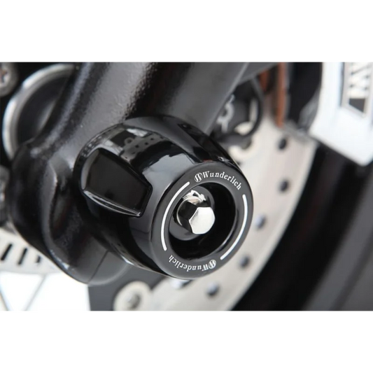 BMW R-Series Protection Slider Axle Front Chrome, black Wunderlich axle slider with chrome hex bolt mounted on front fork near brake disc