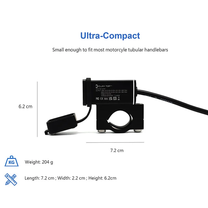 Handlebar Mounted 36W PD USB-C + QC 3.0 (Aluminium) - Includes Aluminium Handlebar Clamp