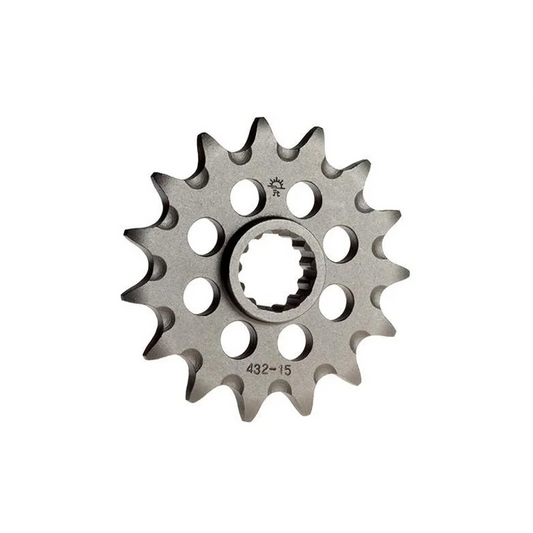 JT Sprockets Front (704 - 17T) silver steel sprocket, front view with splined center bore and lightening holes, stamped 432-15