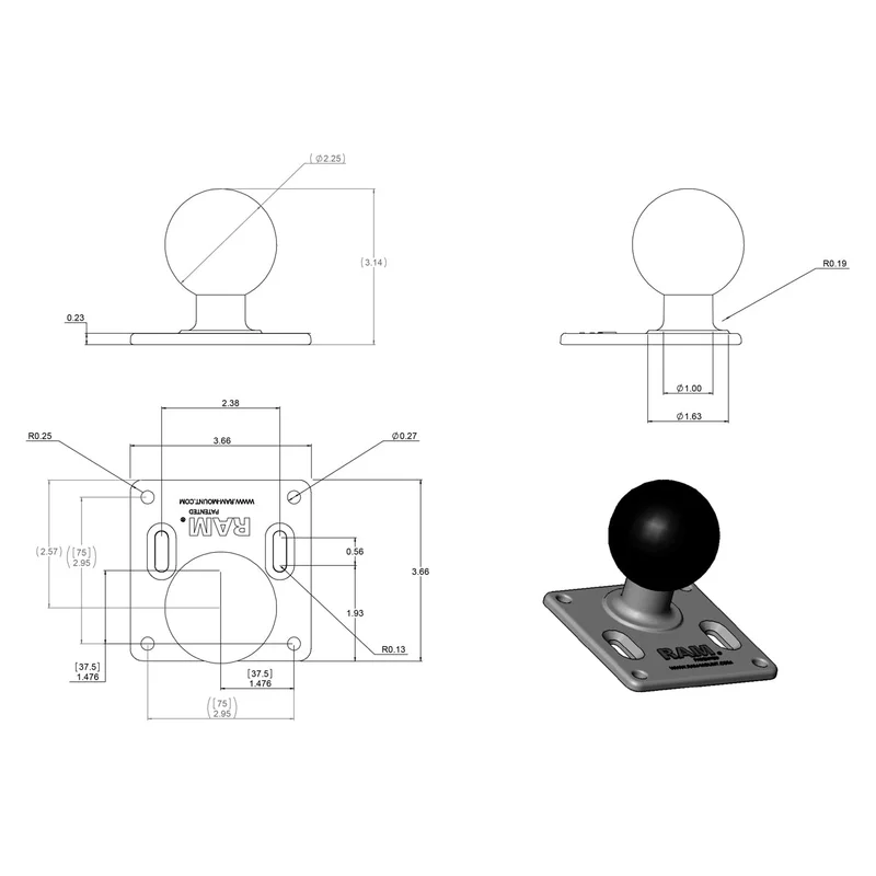 RAM Base - Vesa Plate (75mm) with Ball - C Size (1.5")