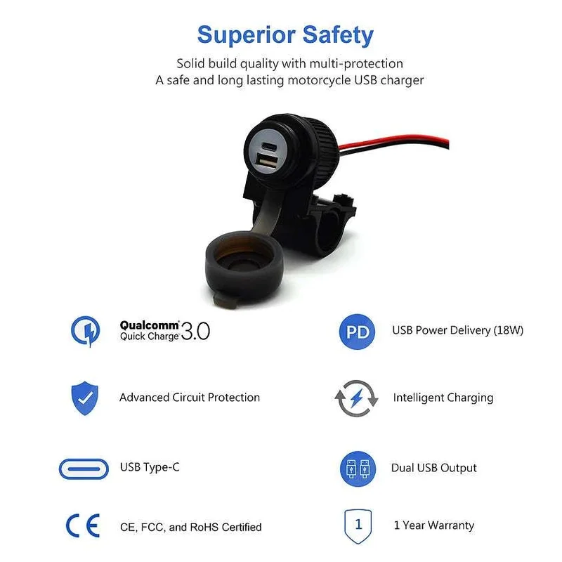 Handlebar Mounted 36W PD USB-C + QC 3.0 (Plastic) - Includes Plastic Handlebar Clamp