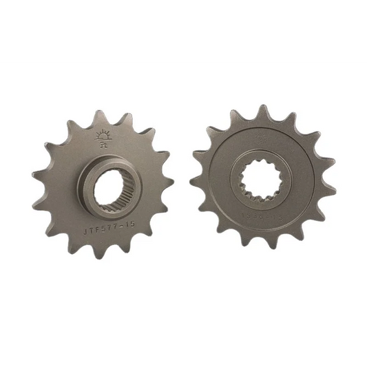 JT Sprockets Front 704 - 17T, two side-by-side views of a silver steel sprocket with 17 teeth, JTF577-15 stamped on the front face and internal splines visible.