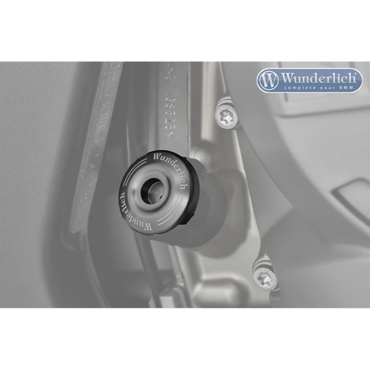 BMW K 1600 Ergonomics Oil Filler Plug, black finish with engraved Wunderlich lettering and hex recess, mounted on silver engine casing.